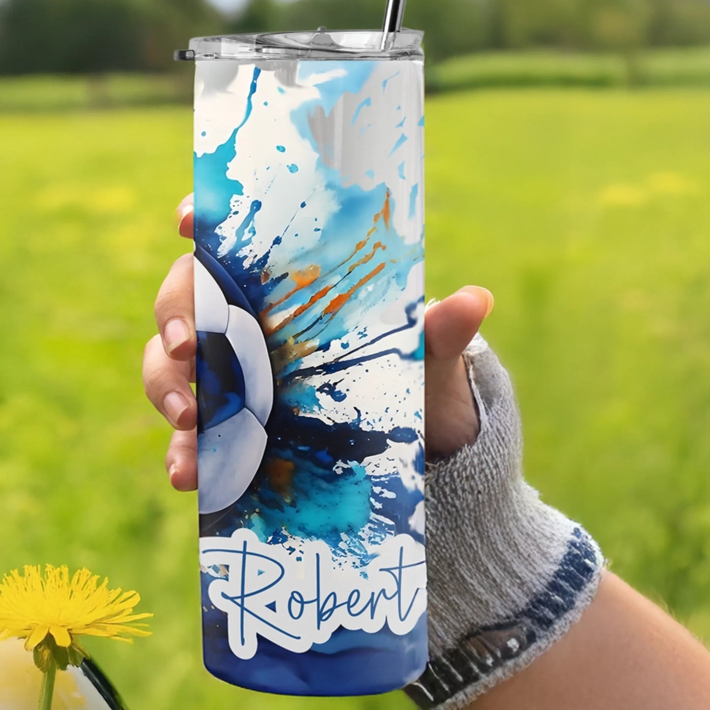 Watercolour football design travel cup for sporty children
