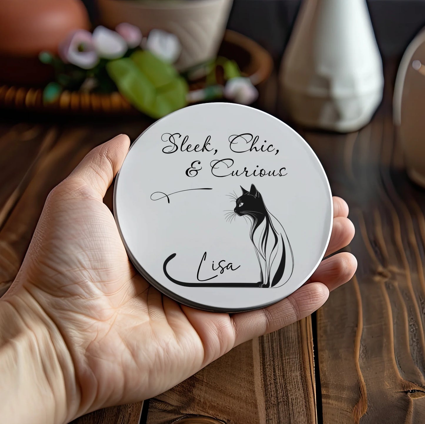 Personalised cat coaster with custom name on tail