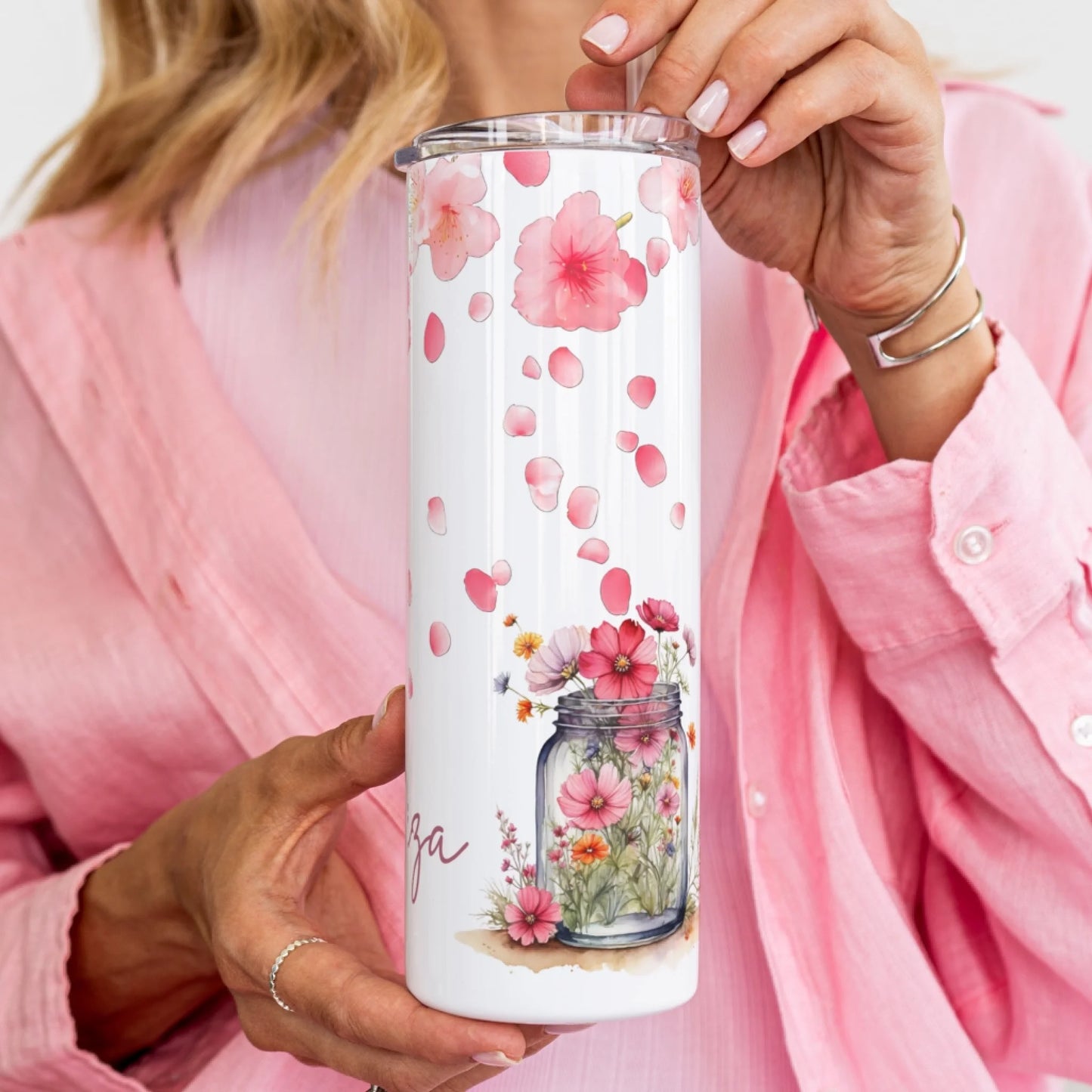Custom floral travel cup with name