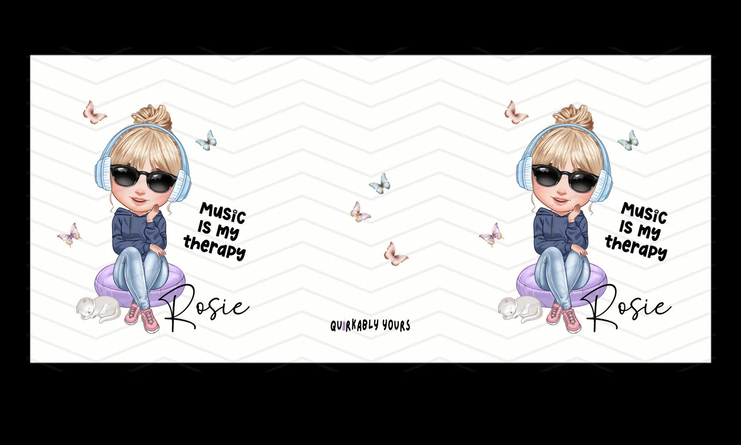 Cartoon character with sunglasses and headphones sitting on a pillow, with 'Music is my therapy' text and 'Rosie' branding template