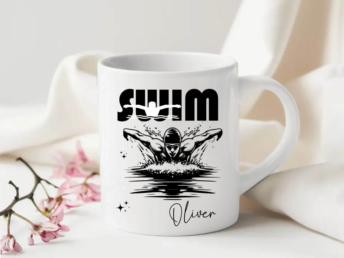 Swimmer silhouette mug with different designs on each side