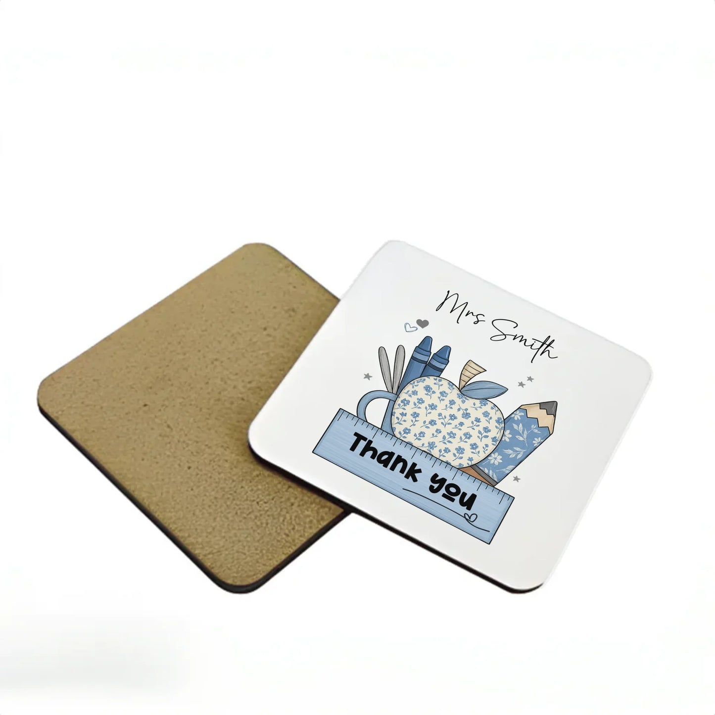 Thank you teacher coaster with blue ruler and apple design