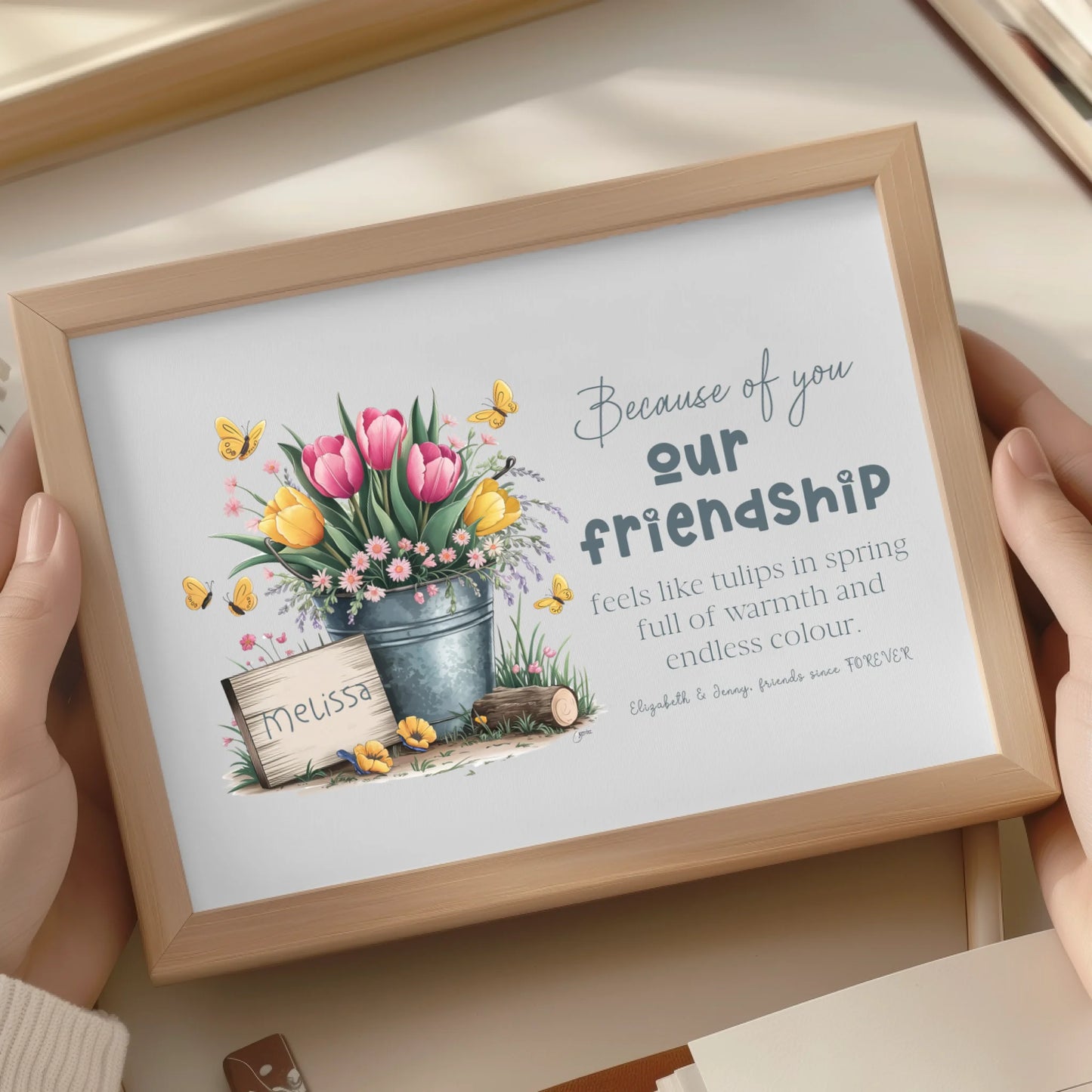 Landscape orientation tulip print with friendship quote