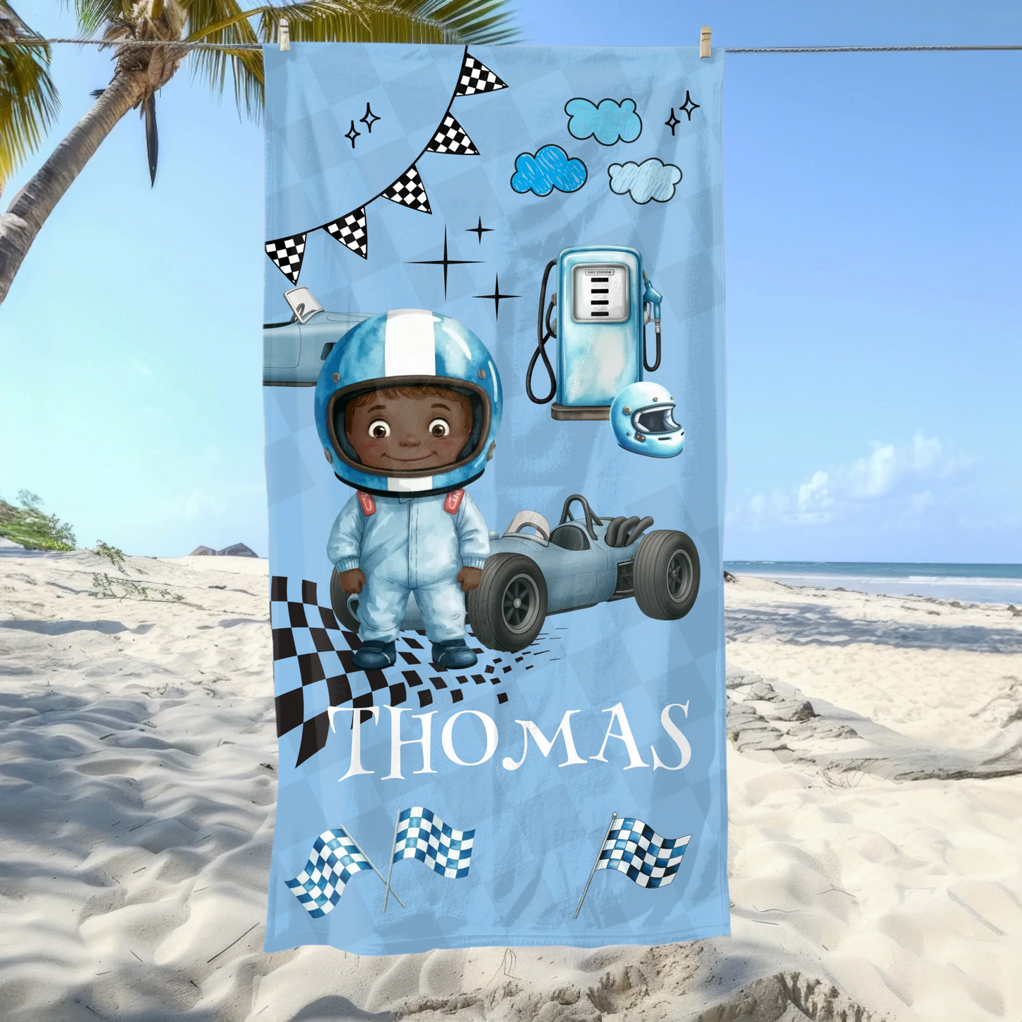 Fun kids towel with boy racer design