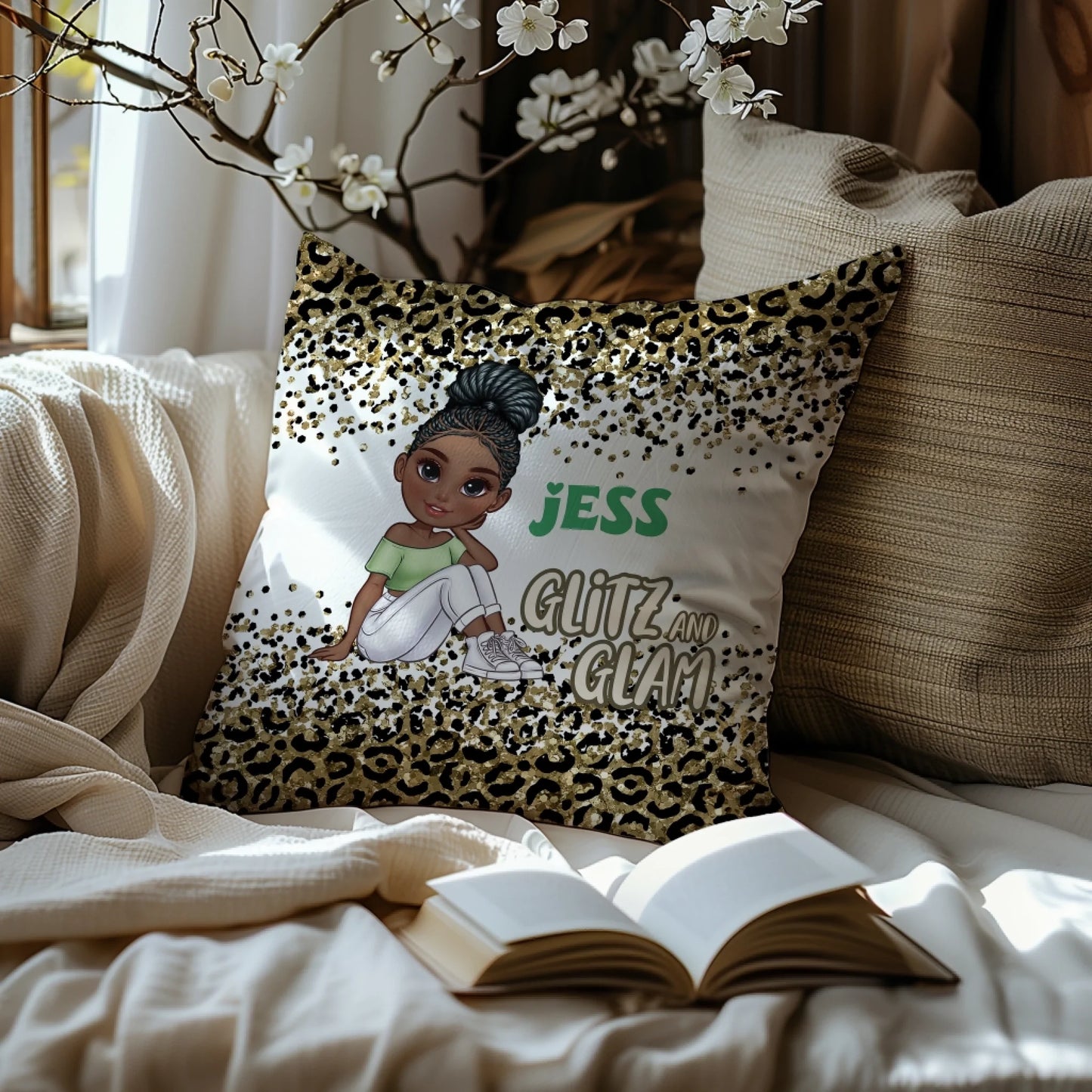 Fun decorative cushion with glitter leopard design