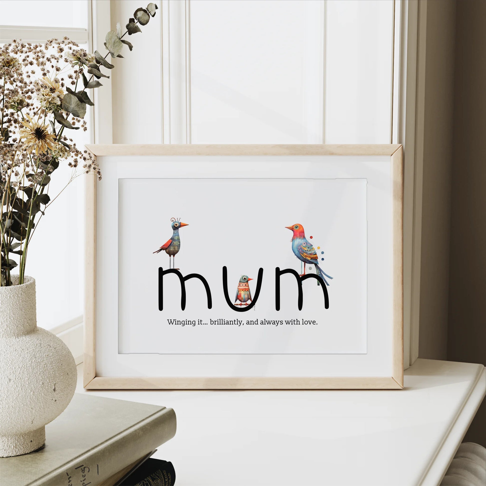 Whimsical bird art for mothers