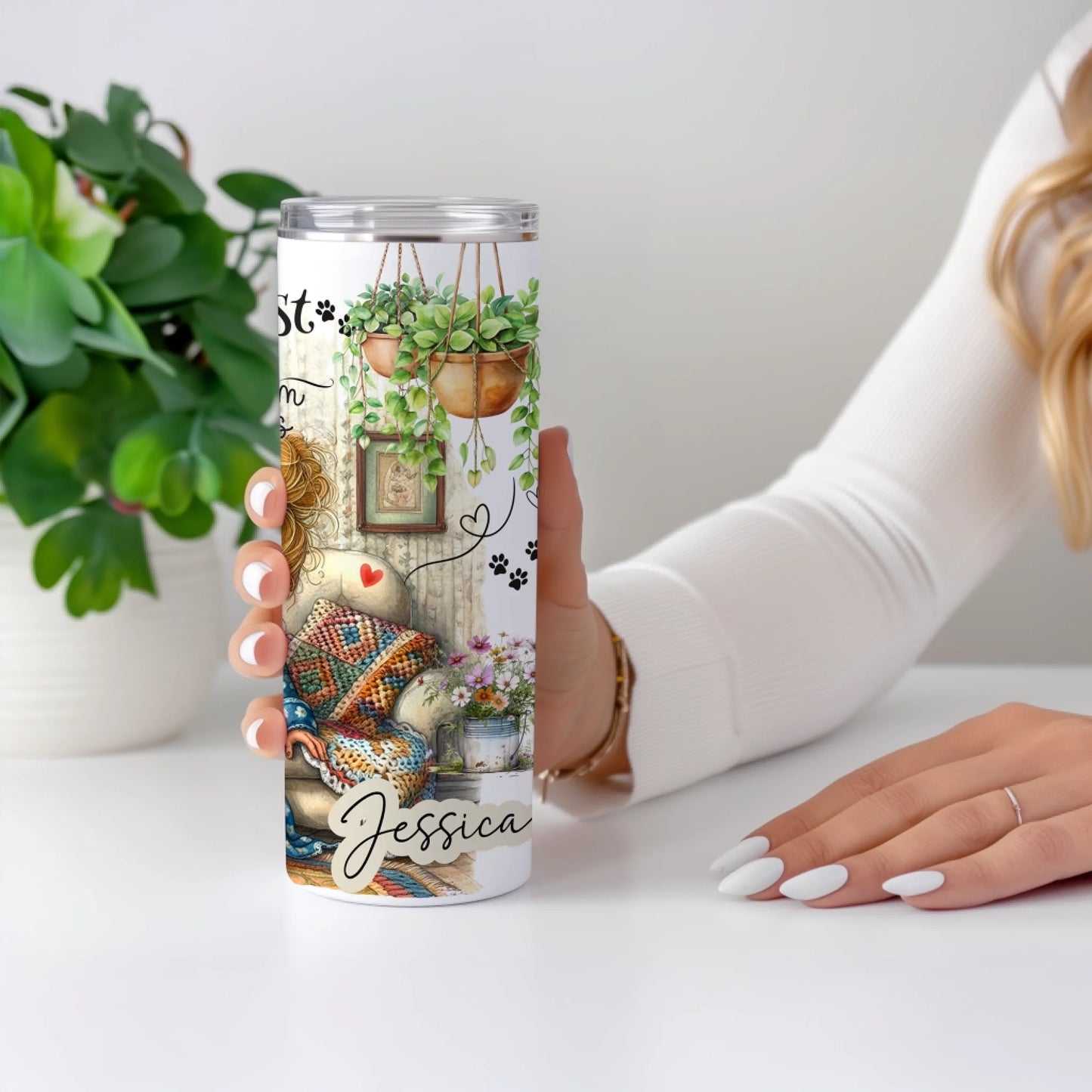 pet Personalised travel mug with cat and woman sitting on sofa