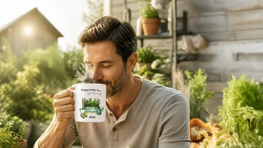 A man sitting his his garden drinking two out of his personalised Happiness is gardening mug purchased from Quirkably Yours UK