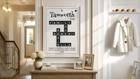 A Personalised scrabble art print with family, love and names, on the wall in a family home