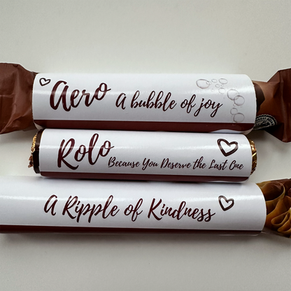 Aero chocolate with bubble of joy text
Rolos chocolate with “Because You Deserve the Last One” Ripple chocolate with message of kindness - in a chcolate box hug box for her him