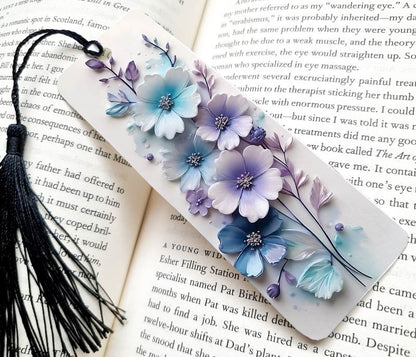 Gift bookmark with beautiful purple and blue flowers in 3D style, printed on one side, made of aluminum.