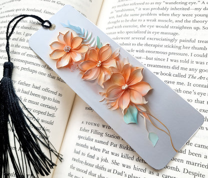 Modern Orange and White Floral 3D Bookmark with tassel, measuring 15 x 4.5 cm, an ideal present for gifting to friends.