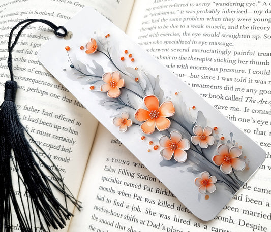 Beautiful 3D bookmark featuring orange and grey flowers, printed on one side, on a white background. Made of aluminum, ideal gift