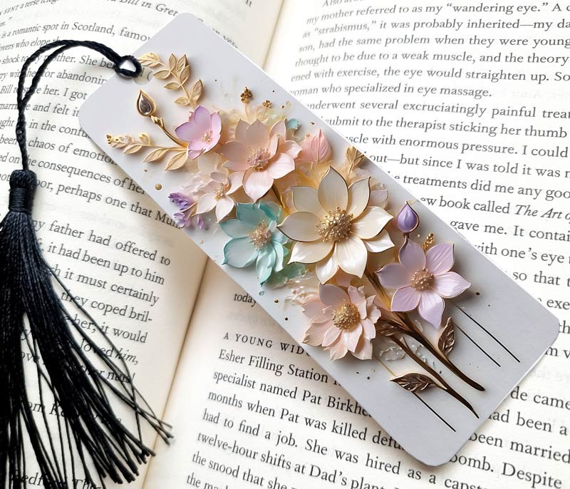 Pastel Colored Floral 3D Bookmark Gift: Modern bookmark featuring stunning 3D pastel-colored flowers, perfect gift for special occasions.