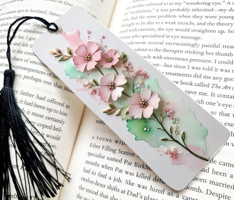 Pink and green 3D flowers bookmark, very pretty with a modern feel, on a white background.