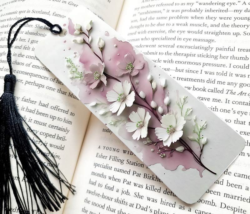 3D Floral Aluminium Bookmark: A pretty bookmark featuring 3D pink and white flowers on a modern white background. Measures 15cm x 4.5cm, made of aluminium, perfect as a gift.