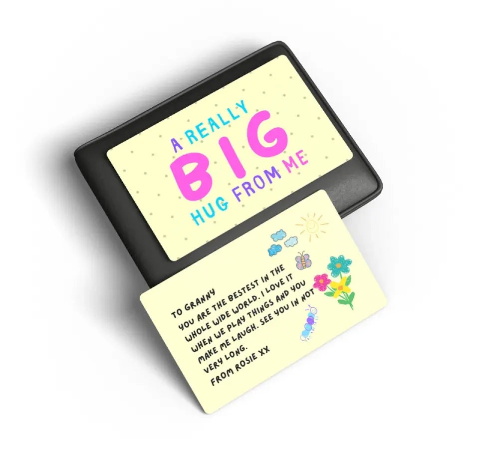 brightens Grandad’s day, nanny messgae, granny message. big hug and miss you note card. greeting card, message metal wallet sized card, bright and bold.