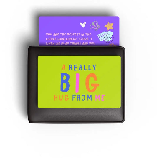 Bright bold colours. credit card sized message card to nanny / grandma a really big hug from me to you. endearing, miss you sentimental message. a warm hug