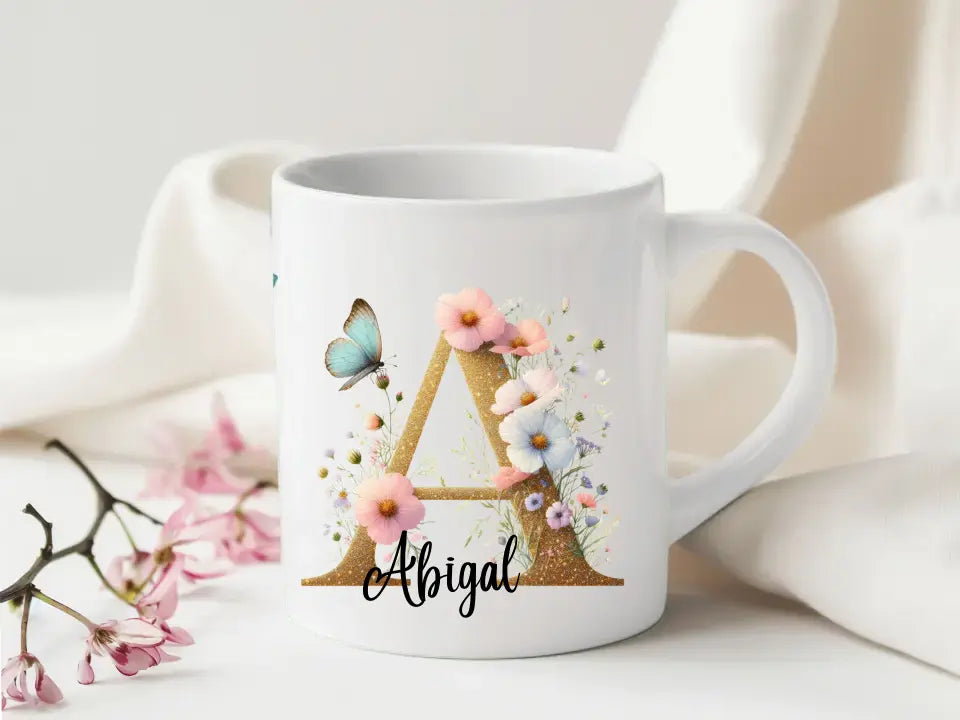 Pretty flowers and Gold Initial Mug