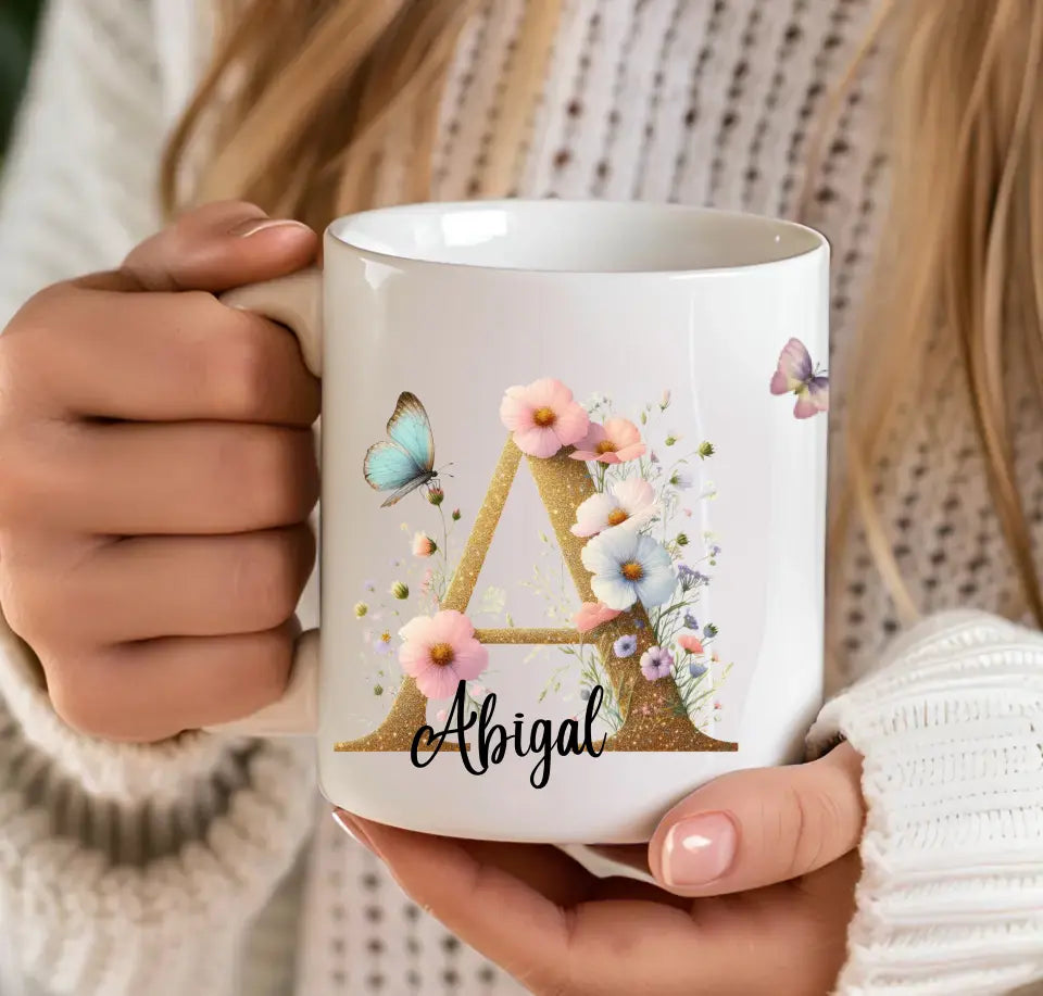 Pretty flowers and Gold Initial Mug