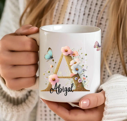 Pretty flowers and Gold Initial Mug