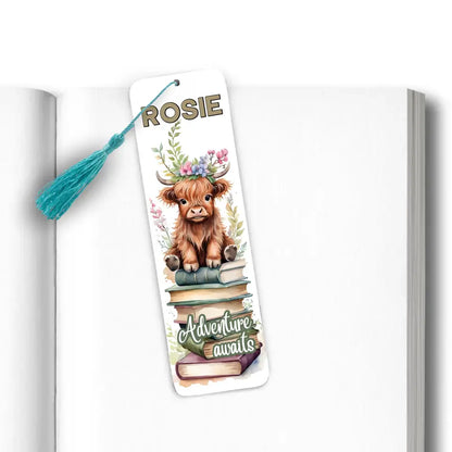 Adventure Awaits Personalised Highland Cow Bookmark