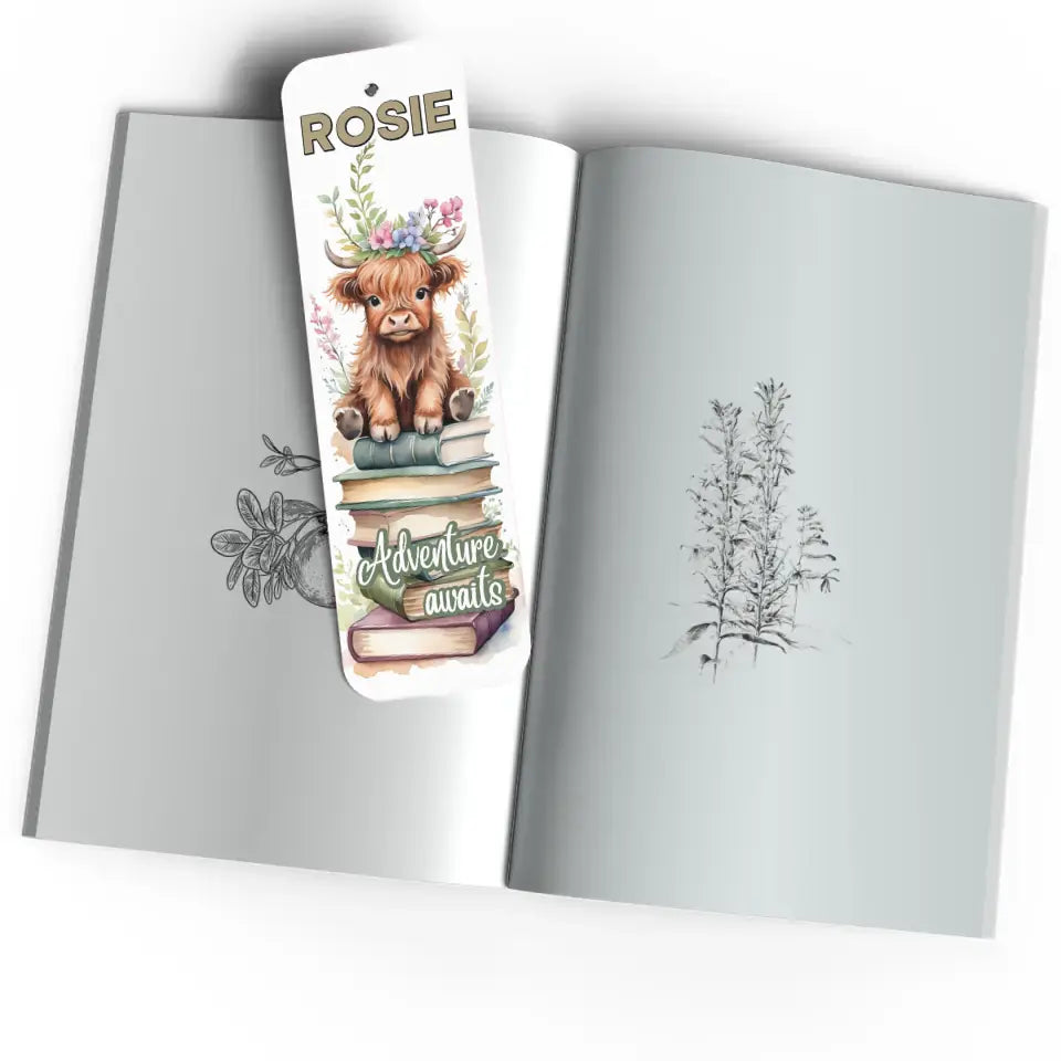 Adventure Awaits Personalised Highland Cow Bookmark