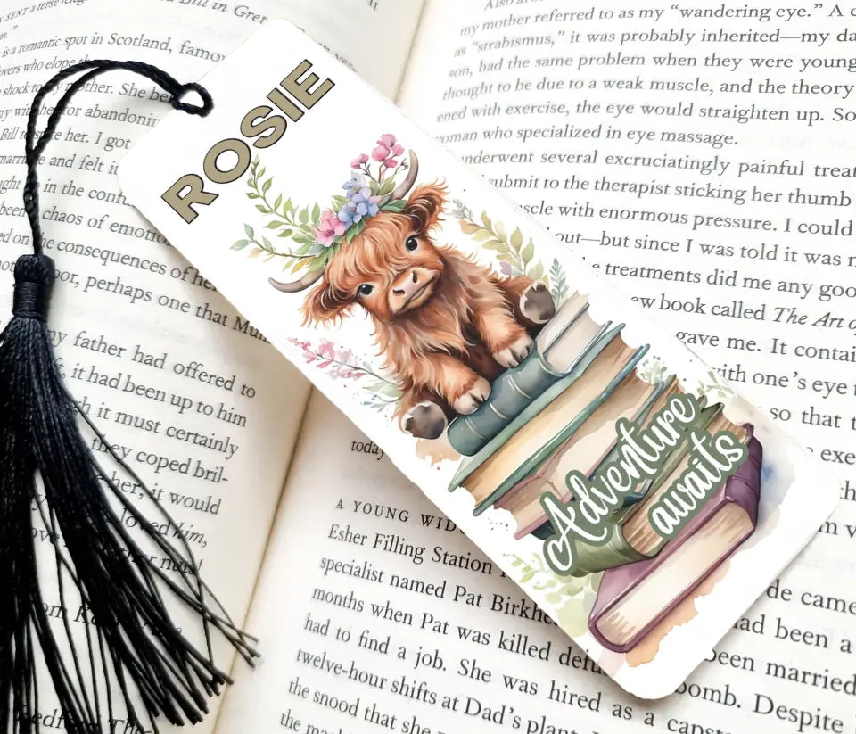 Adventure Awaits Personalised Highland Cow Bookmark