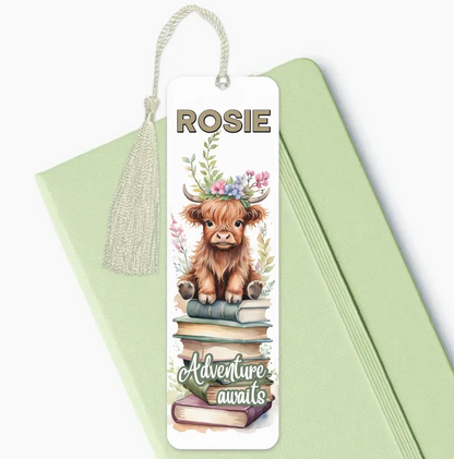 Adventure Awaits Personalised Highland Cow Bookmark