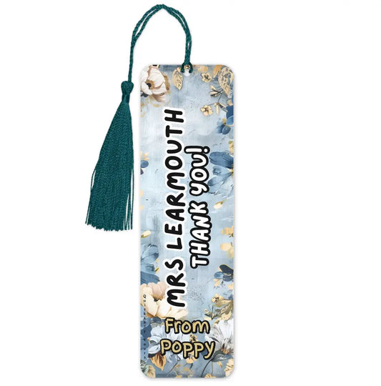 Personalised Blue and Gold Floral Teacher Bookmark