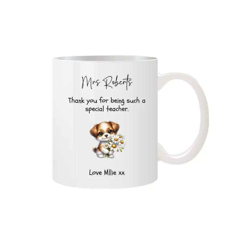 White background personalised mug with animal holding daisies gift