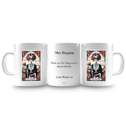 Fun and quirky teacher gift mug with personalised tarot card design