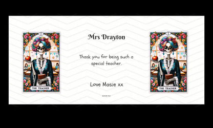 Unique personalised gift mug for teachers with a teacher tarot card design