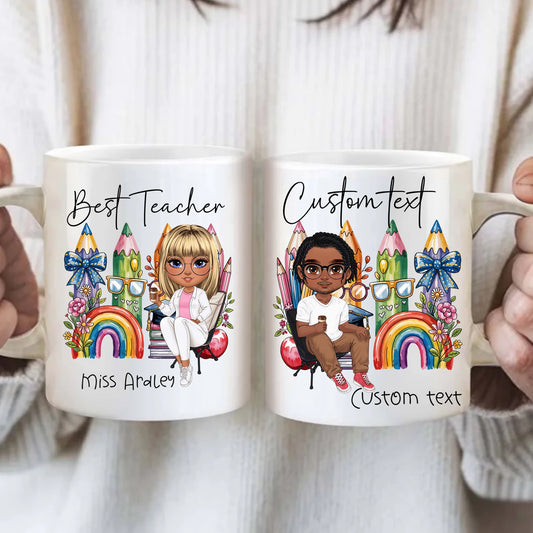 Personalised Best Teacher Character Mug – Custom Cartoon Gift Set
