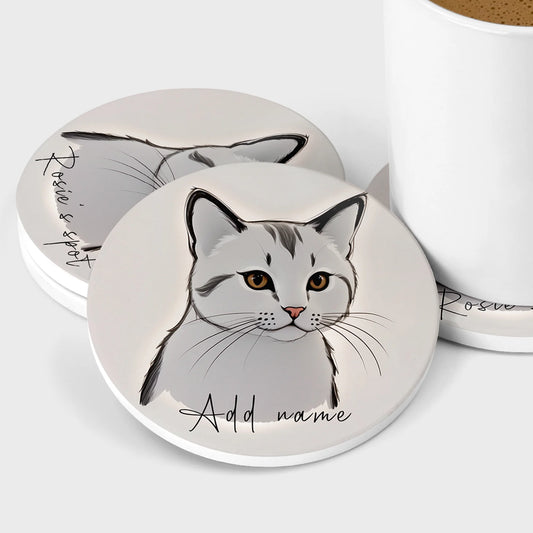 Pretty Grey Cat Ceramic Coaster with Optional Name