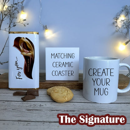 Personalised  mug and coaster with signature add-on create your own gift set