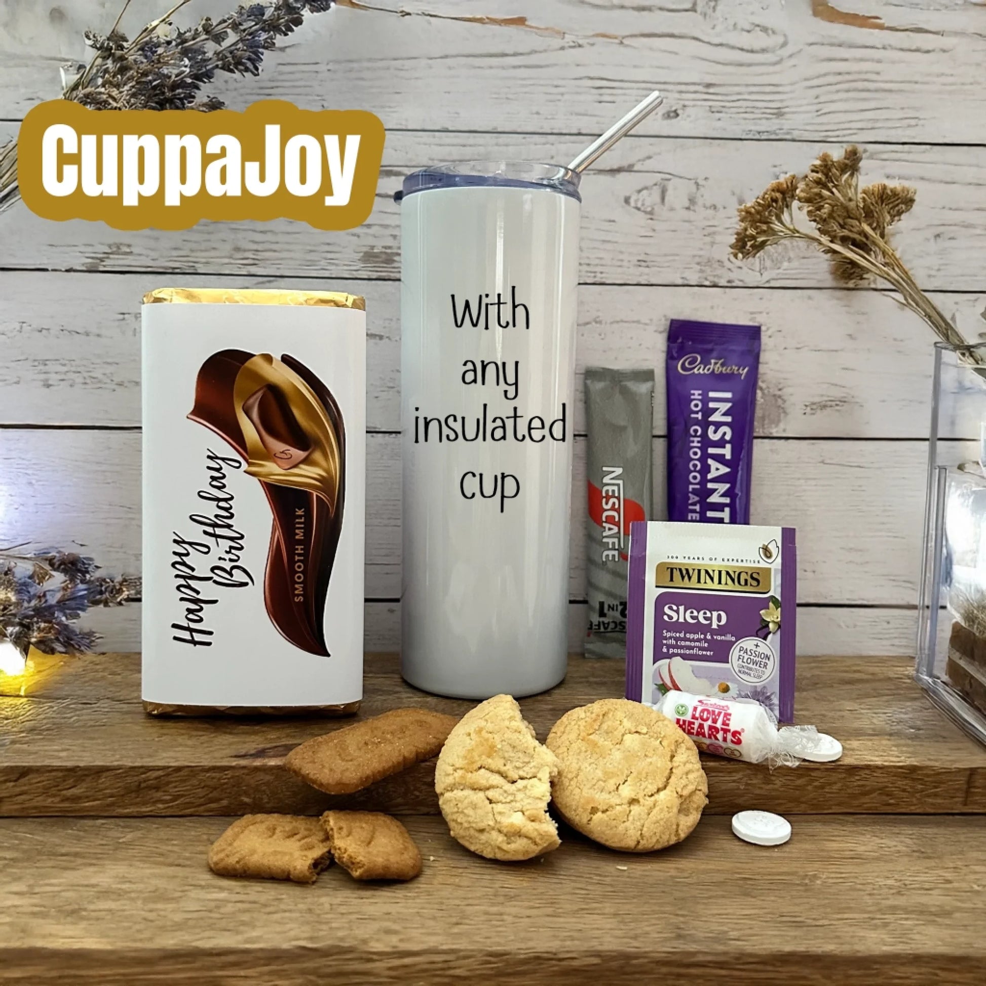 Chocolate, a trio of drinks and biscuits and a personalised Insulated cup tumbler gift set for women and men