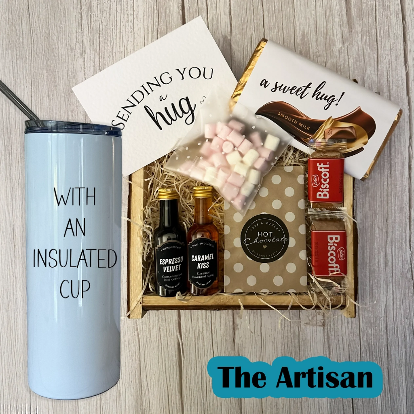 gift set with a personalised insulated cup, coffee, syrup, chocolate and biscuits. gift set for men and women