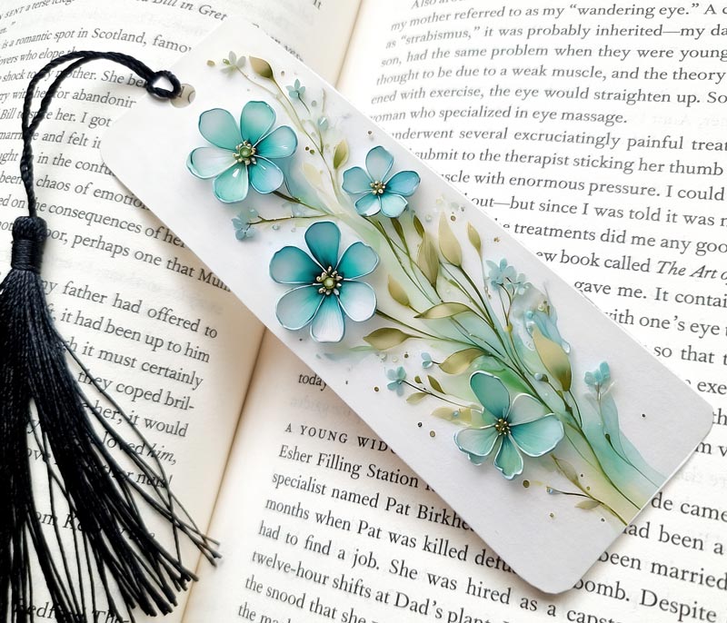 Beautiful Modern Bookmark 3d Floral. Teal Flowers in 3D Style showcased with a open book and black tassel.  A perfect gift for special occasions.