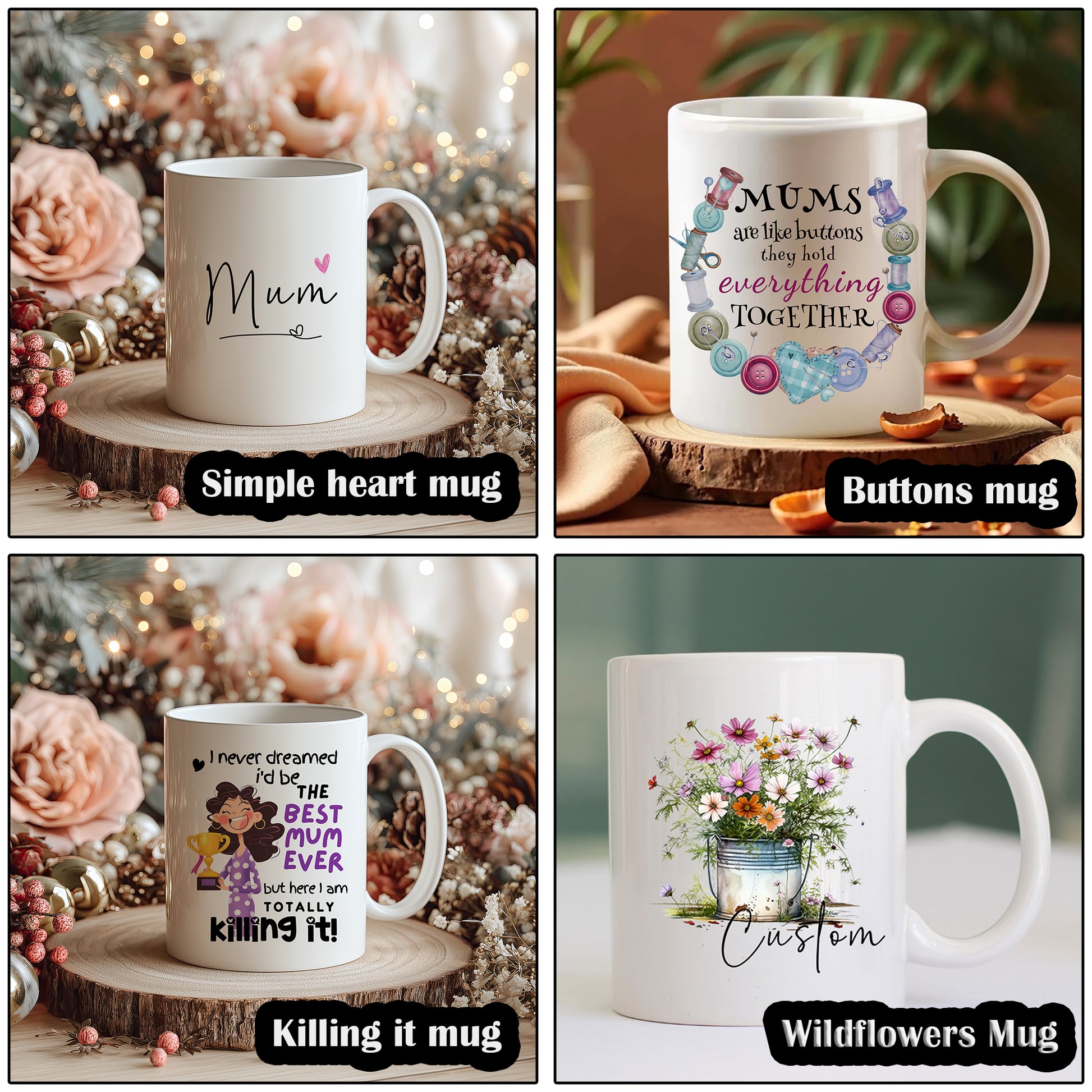 Four different mugs for pamper hamper for mum