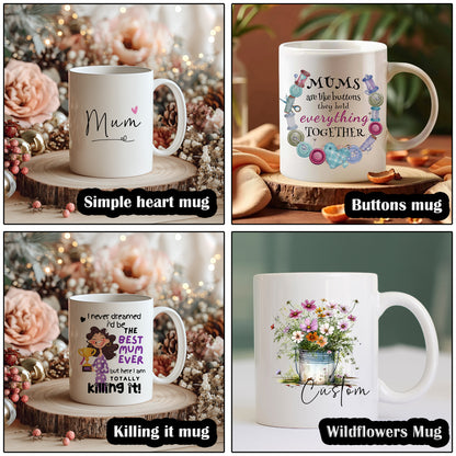 Four different mugs for pamper hamper for mum