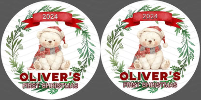 Baby’s first Christmas ornament with custom name front and back