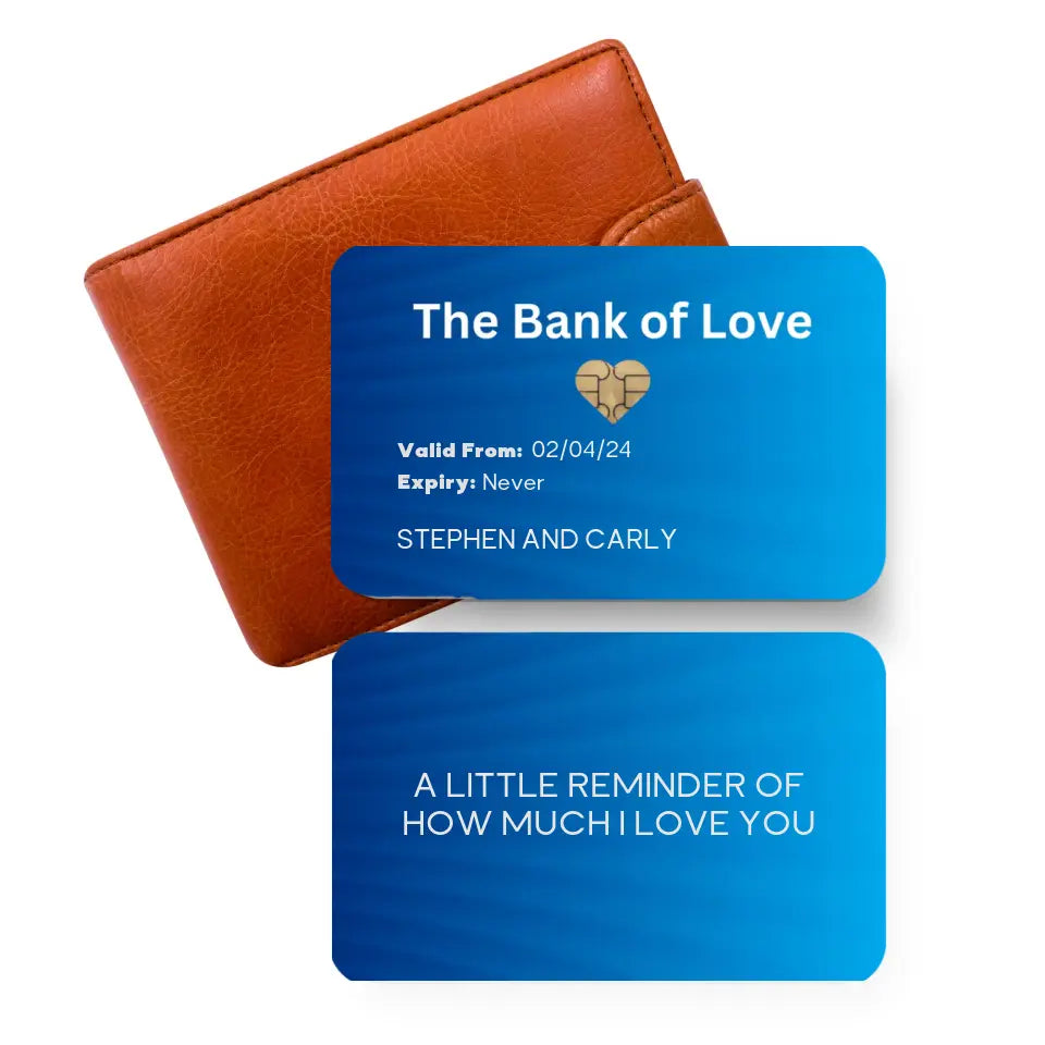 Blue credit card bank of love message card for couples on a brown wallet