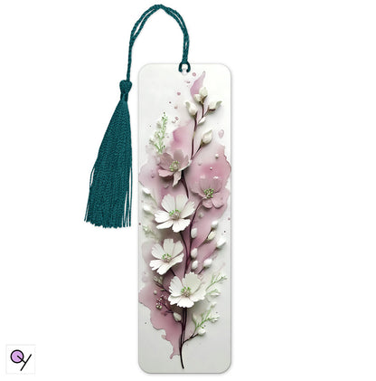 Beautiful 3D Floral Design Bookmark: Aluminium bookmark adorned with pretty 3D pink and white flowers on a contemporary white background. 15cm x 4.5cm, perfect as a gift.