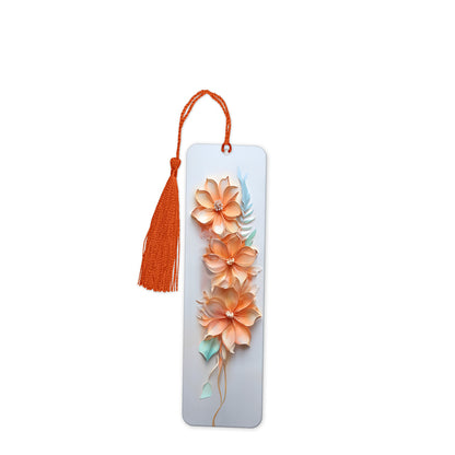 On a white background. Orange and White pretty 3D flowers Bookmark Gift: Pretty and 3 dimensional