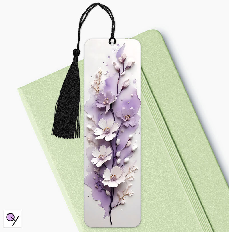 Charming purple and white 3D flowers bookmark on a white background, perfect for adding beauty to any book. Wonderful gift.