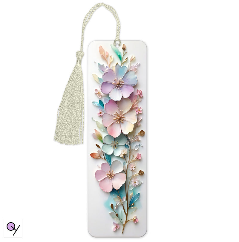 Detailed 3D flower bookmark with a bright, colorful print on one side, aluminum material. Very pretty with pastel colours, and a cream tassel.  White background/