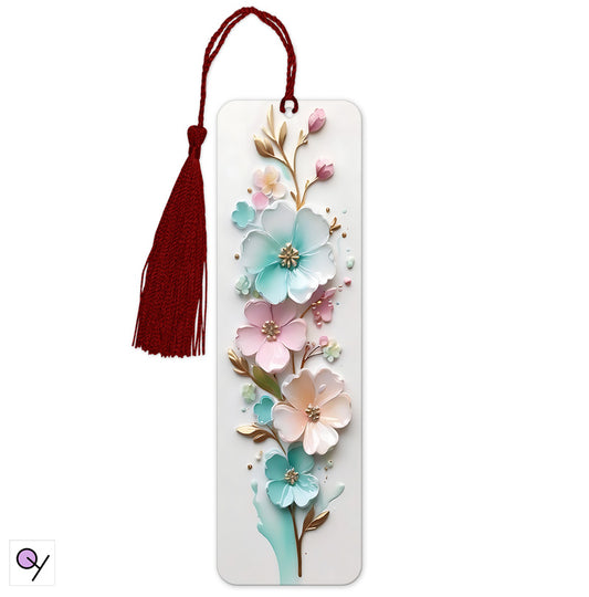 A range of pastel coloured flowers creating a beautiful floral 3D bookmark on a white background