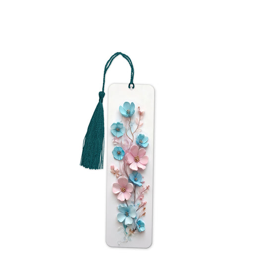 Modern and beautiful pink and blue 3D floral bookmark, 15x4.5 cm, printed on one side. Ideal gift.