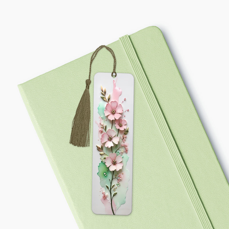 Beautiful 3D bookmark featuring pink and green flowers, printed on one side, on a white background. Made of aluminum, ideal gift.